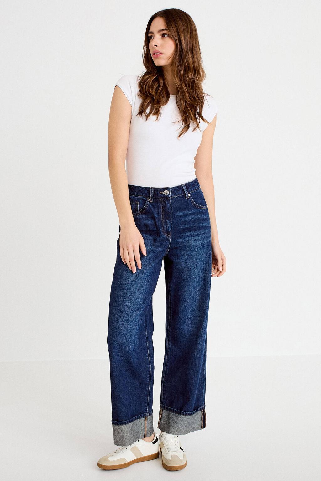 Dark blue denim dames Cache Cache wide leg jeans van denim met rits- en knoopsluiting en effen