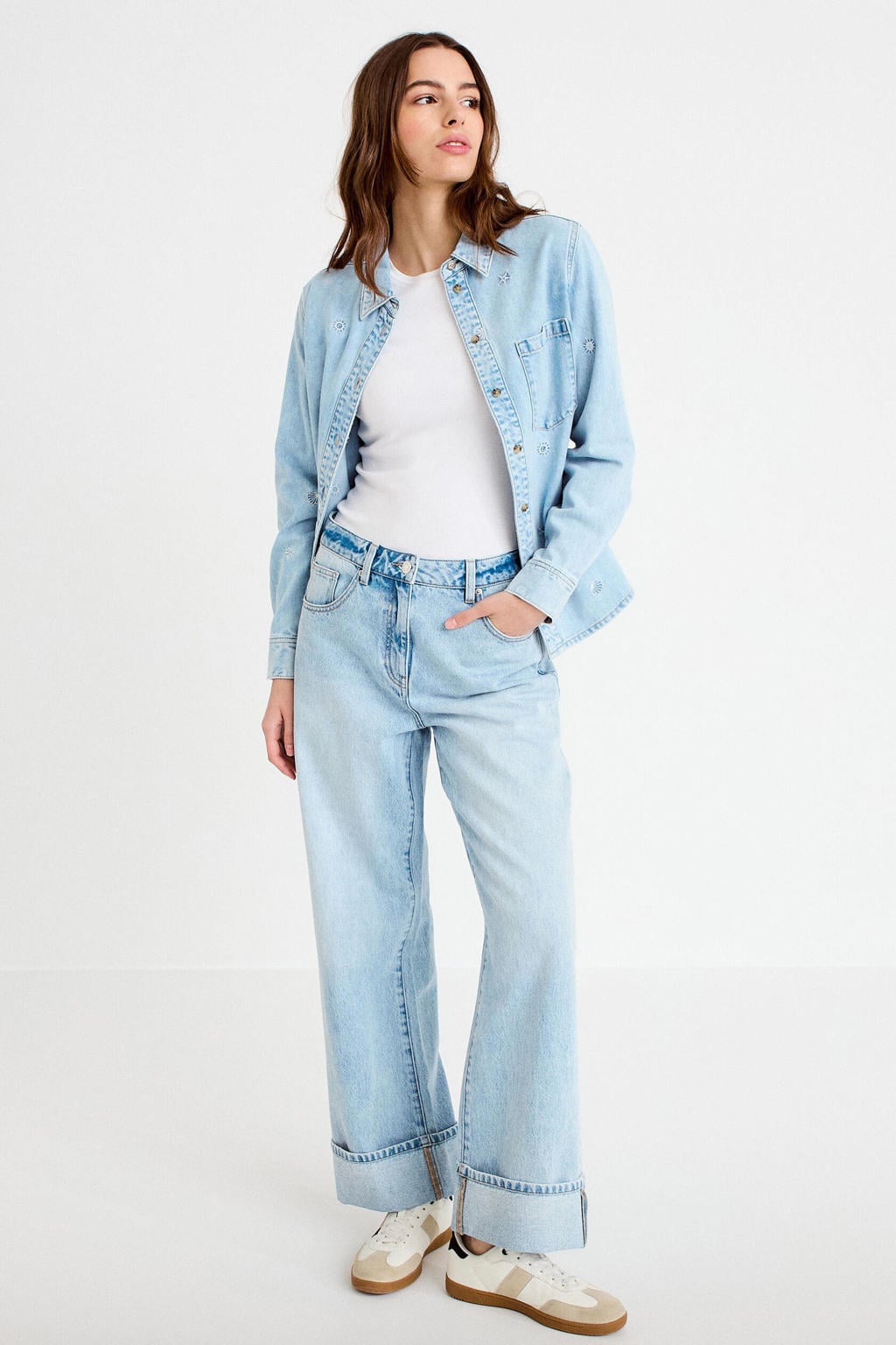 Light blue denim dames Cache Cache wide leg jeans van denim met rits- en knoopsluiting en effen