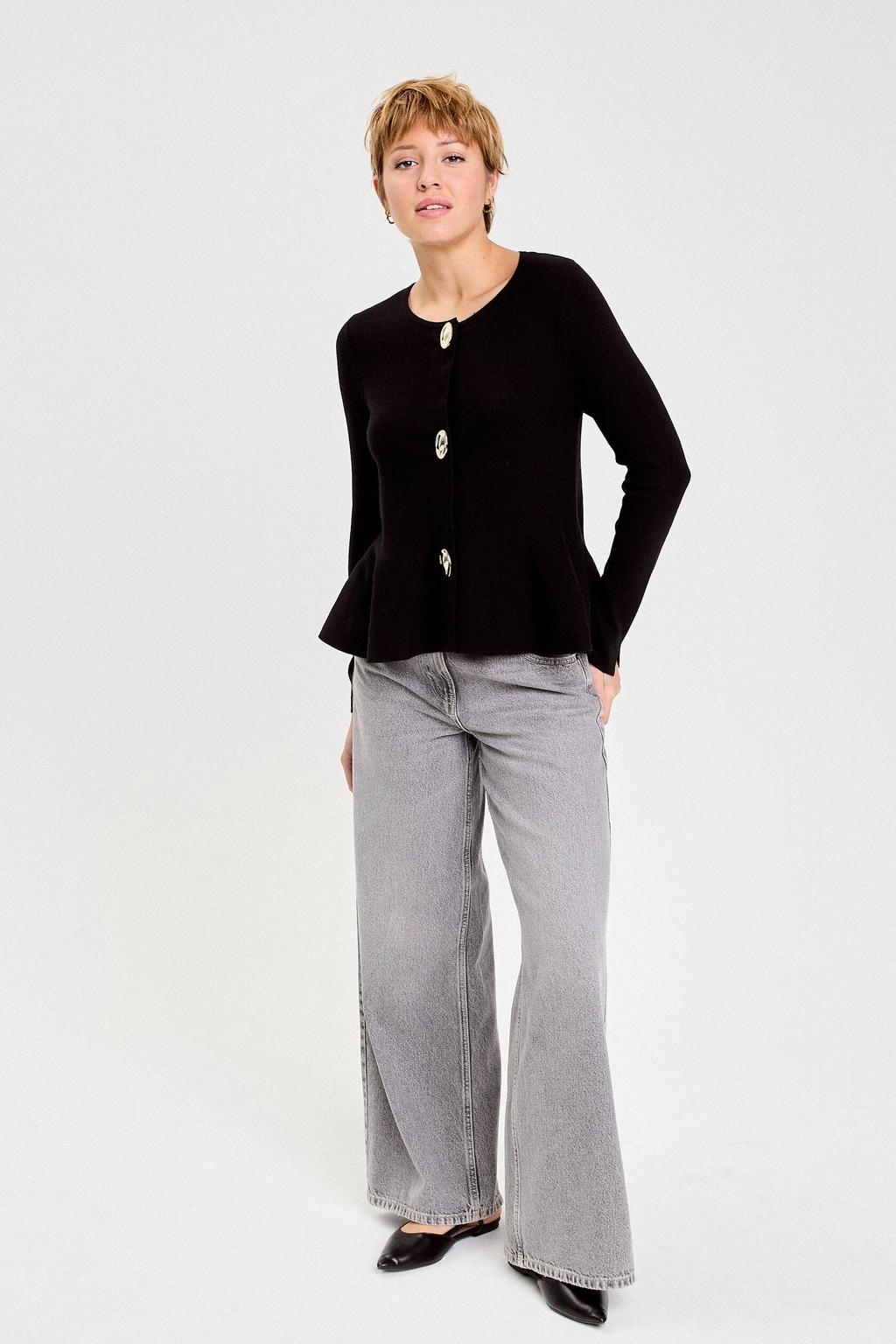 Zwarte dames Cache Cache gebreid vest van viscose met effen, lange mouwen, ronde hals, knoopsluiting en sierknopen