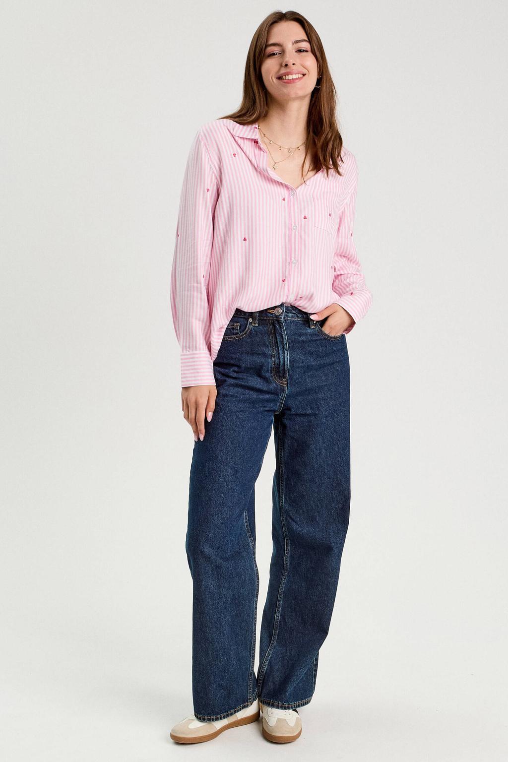 Roze en witte dames Cache Cache gestreepte blouse van viscose met lange mouwen, klassieke kraag, knoopsluiting en borduursels