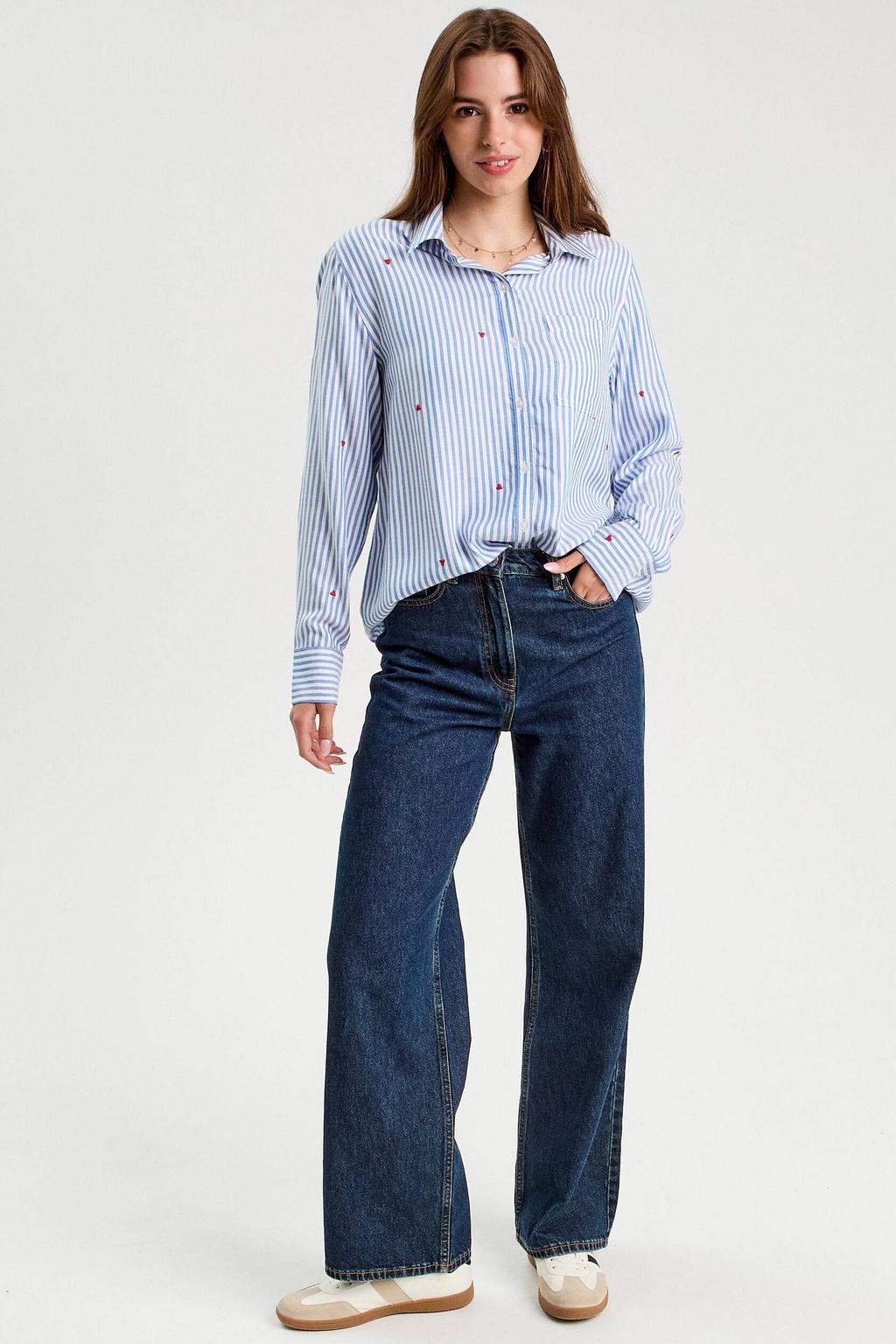 Blauw en witte dames Cache Cache gestreepte blouse van viscose met lange mouwen, klassieke kraag, knoopsluiting en borduursels