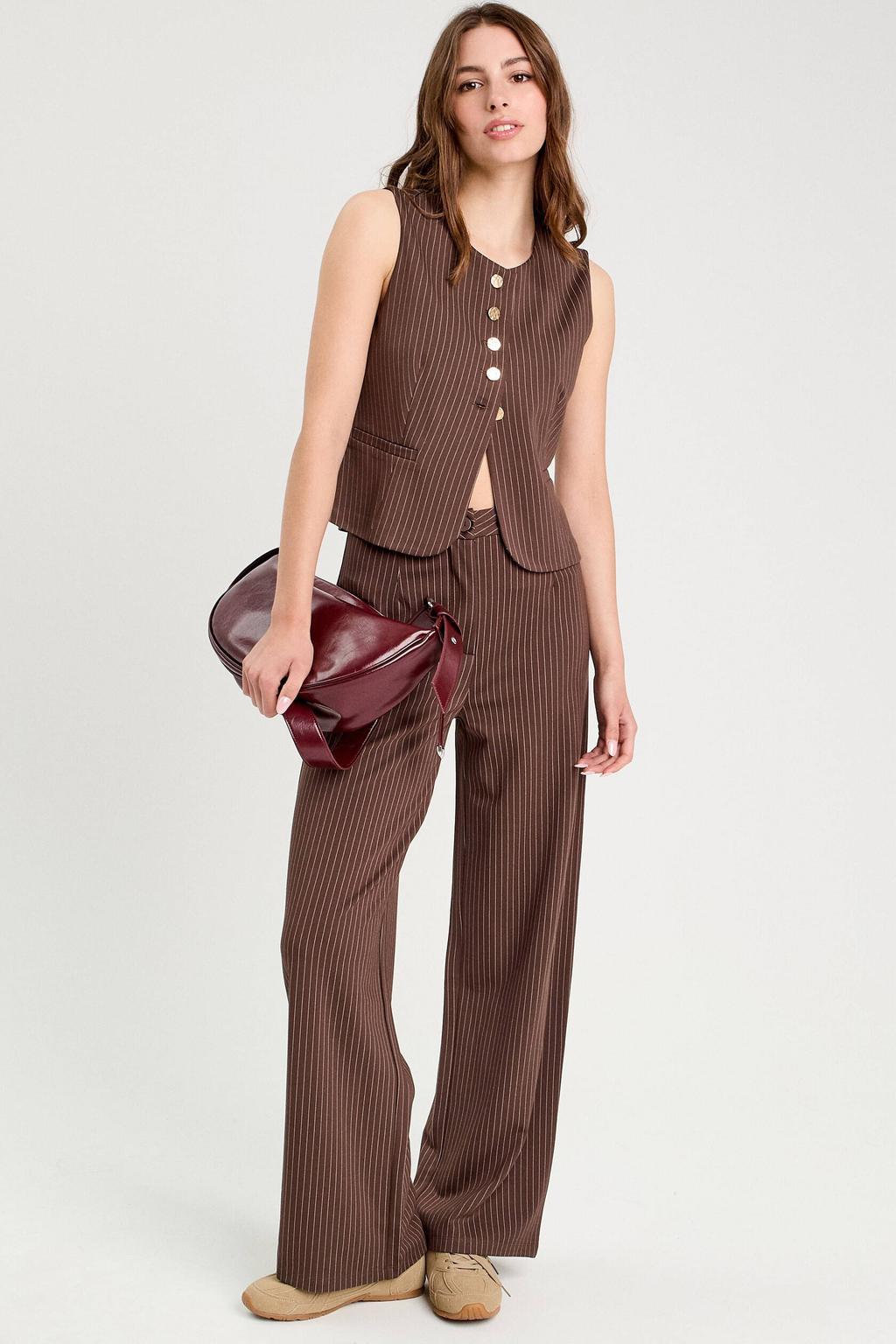 Bruine dames Cache Cache gestreepte gilet van viscose met ronde hals en knoopsluiting