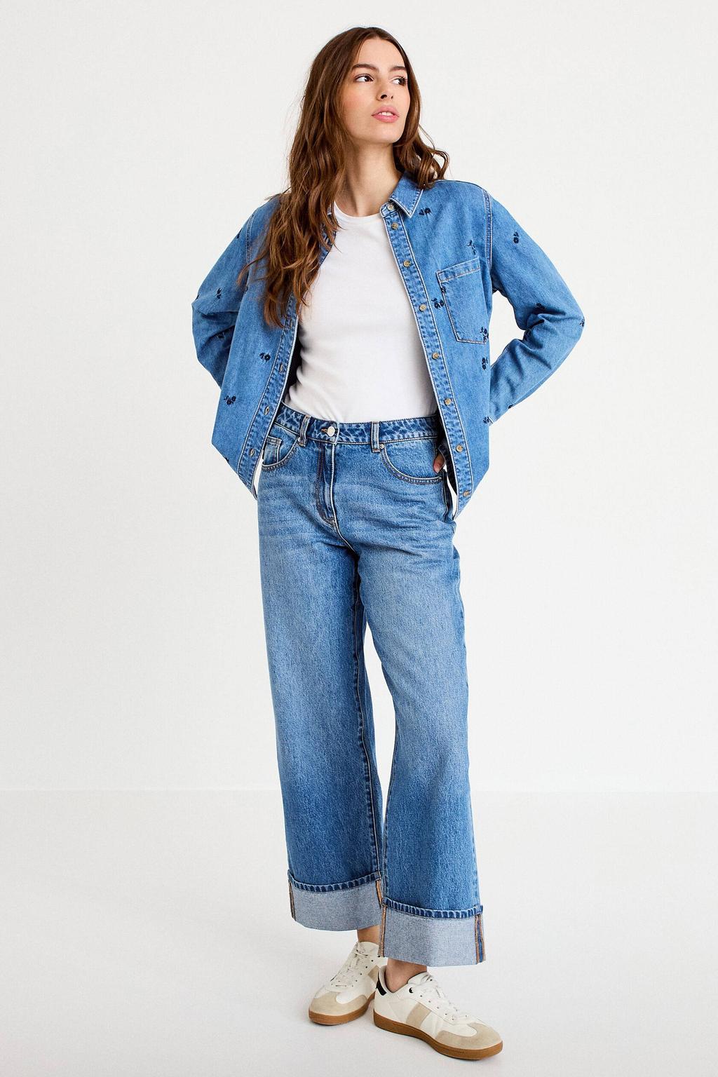 Medium blue denim dames Cache Cache blouse van denim met effen, lange mouwen, klassieke kraag, knoopsluiting en borduursels
