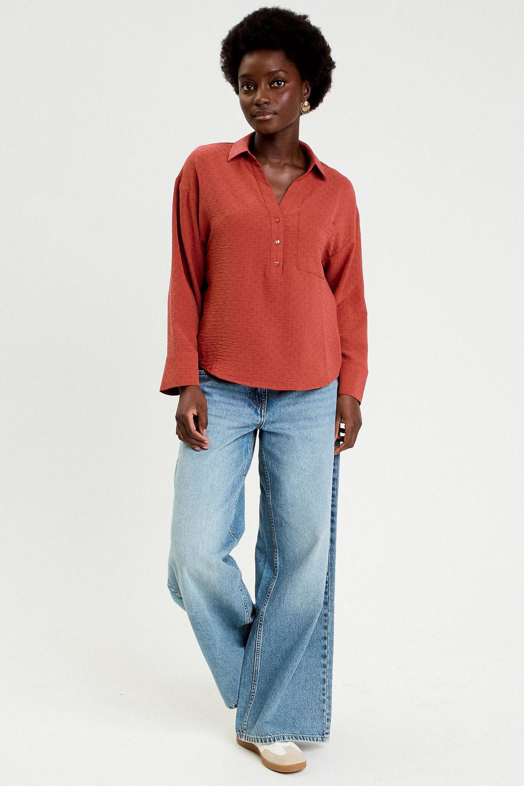 Koraalrode dames Cache Cache blousetop van polyester met effen, lange mouwen en polo kraag