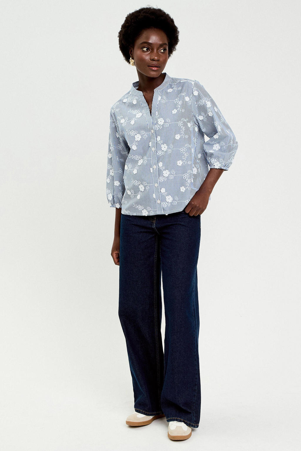 Blauwe dames Cache Cache gestreepte blouse van polyester met half lange mouwen, klassieke kraag, knoopsluiting en borduursels