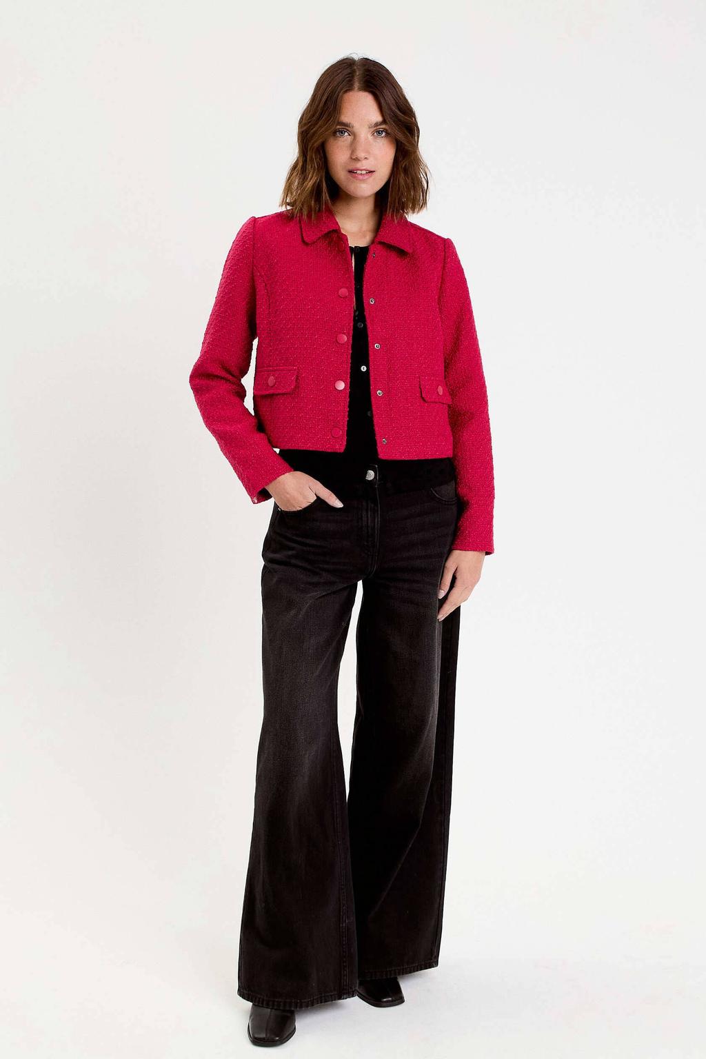 Rode dames Cache Cache tweed jasje met effen, lange mouwen, klassieke kraag, knoopsluiting en textuur