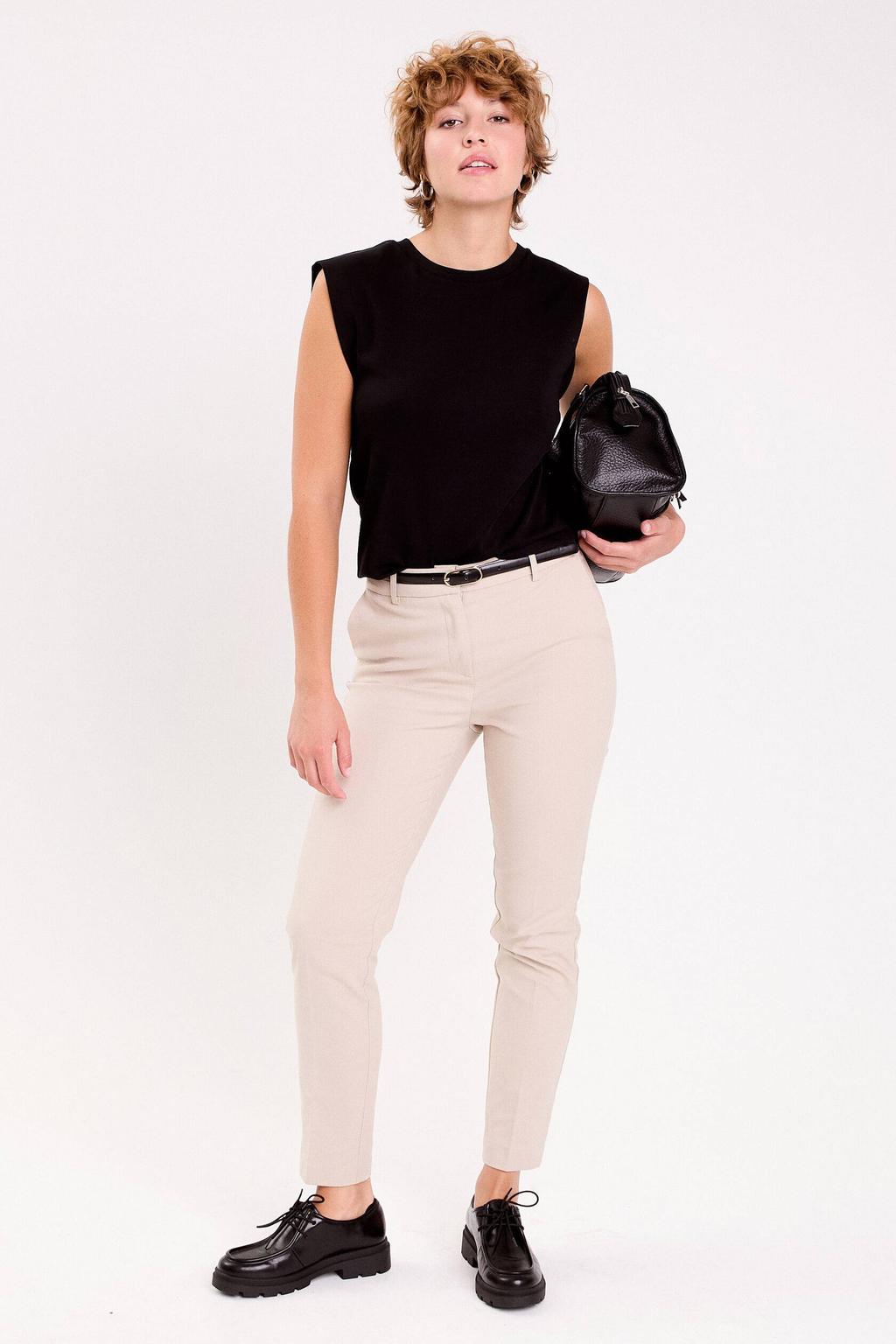 Beige dames Cache Cache tapered cropped broek van katoen met high waist, rits- en knoopsluiting en effen