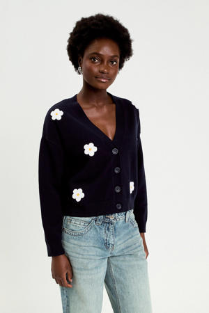 gebloemde gebreid vest marineblauw