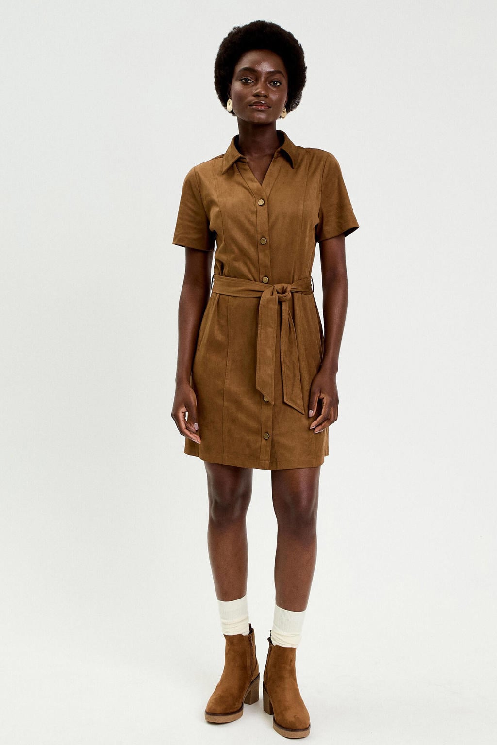 Bruine dames Cache Cache blousejurk van suèdelook met effen, korte mouwen, klassieke kraag, knoopsluiting en ceintuur
