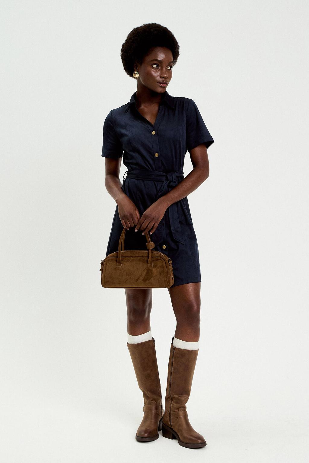 Marineblauw dames Cache Cache blousejurk blauw van suèdelook met effen, korte mouwen en klassieke kraag