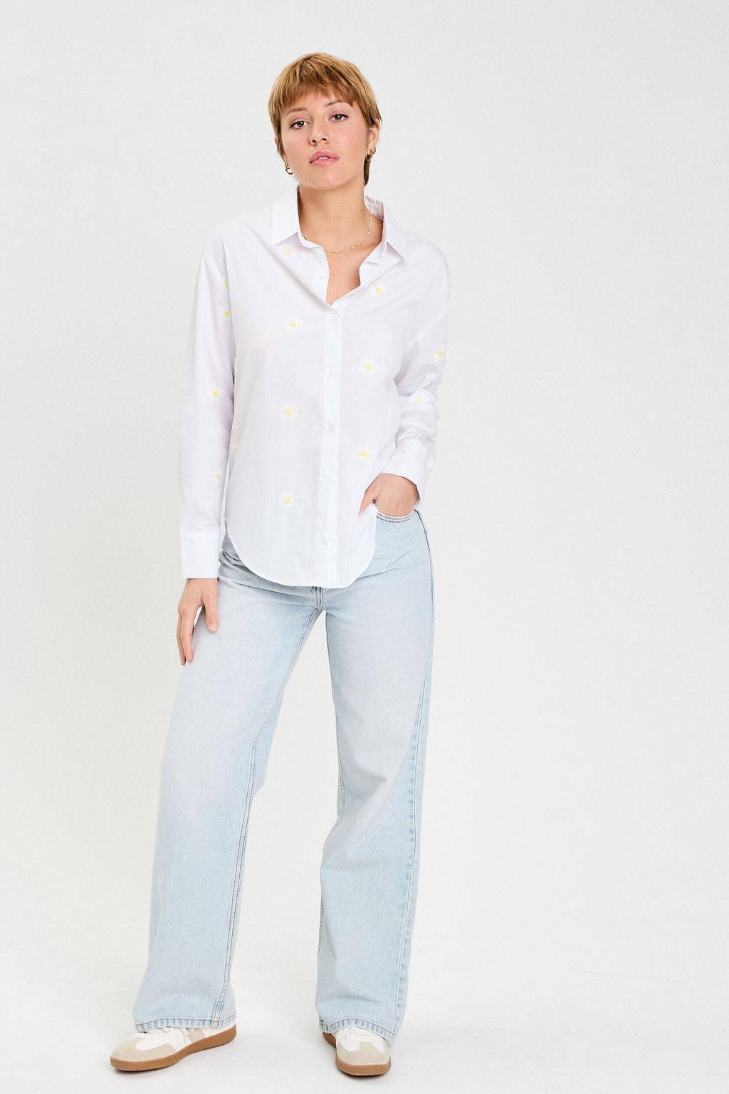 Witte dames Cache Cache gebloemde blouse van katoen met lange mouwen, klassieke kraag, knoopsluiting en borduursels