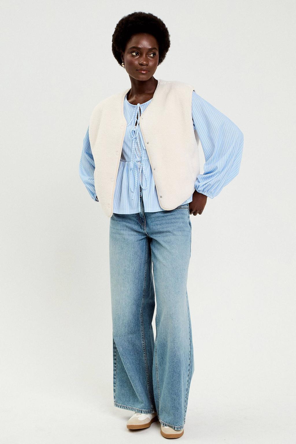 Lichtblauwe dames Cache Cache gestreepte blouse van polyester met lange mouwen, klassieke kraag en striksluiting