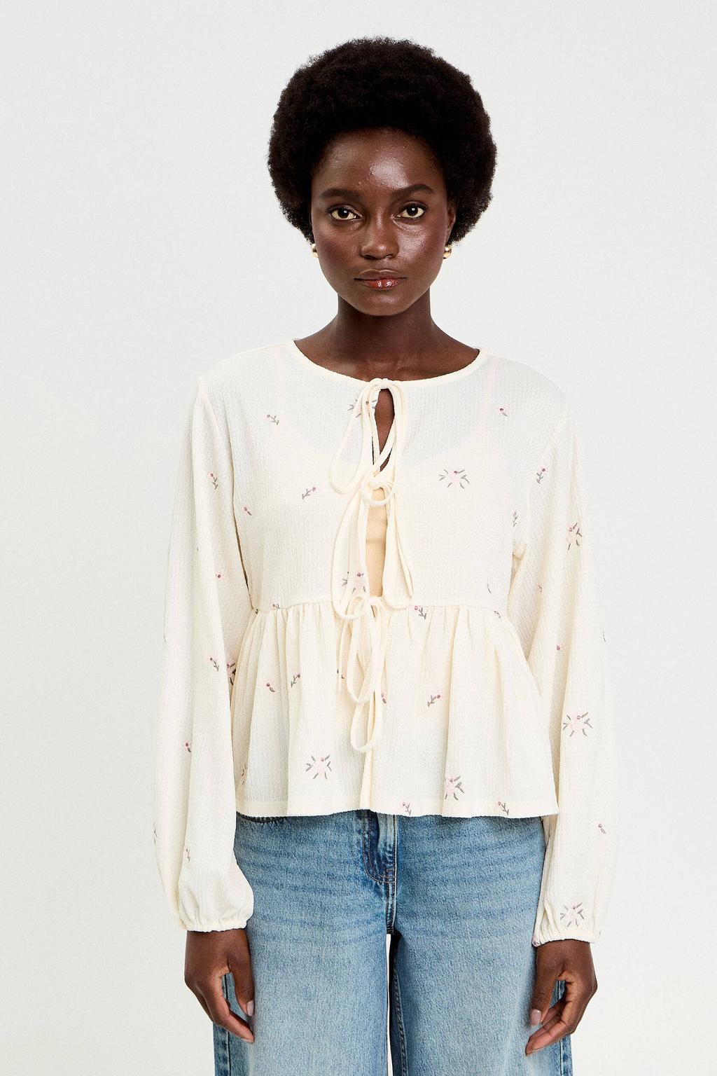 Lichtgele dames Cache Cache gebloemde blouse van polyester met lange mouwen, klassieke kraag, striksluiting en borduursels