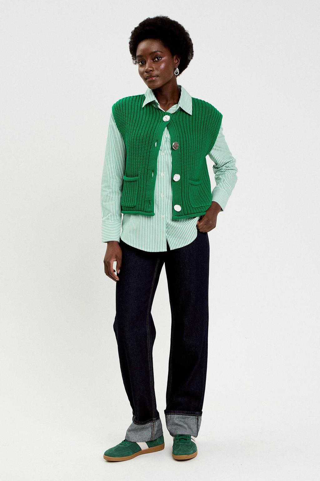 Lichtgroene dames Cache Cache gestreepte blouse van katoen met lange mouwen, klassieke kraag, knoopsluiting en borduursels