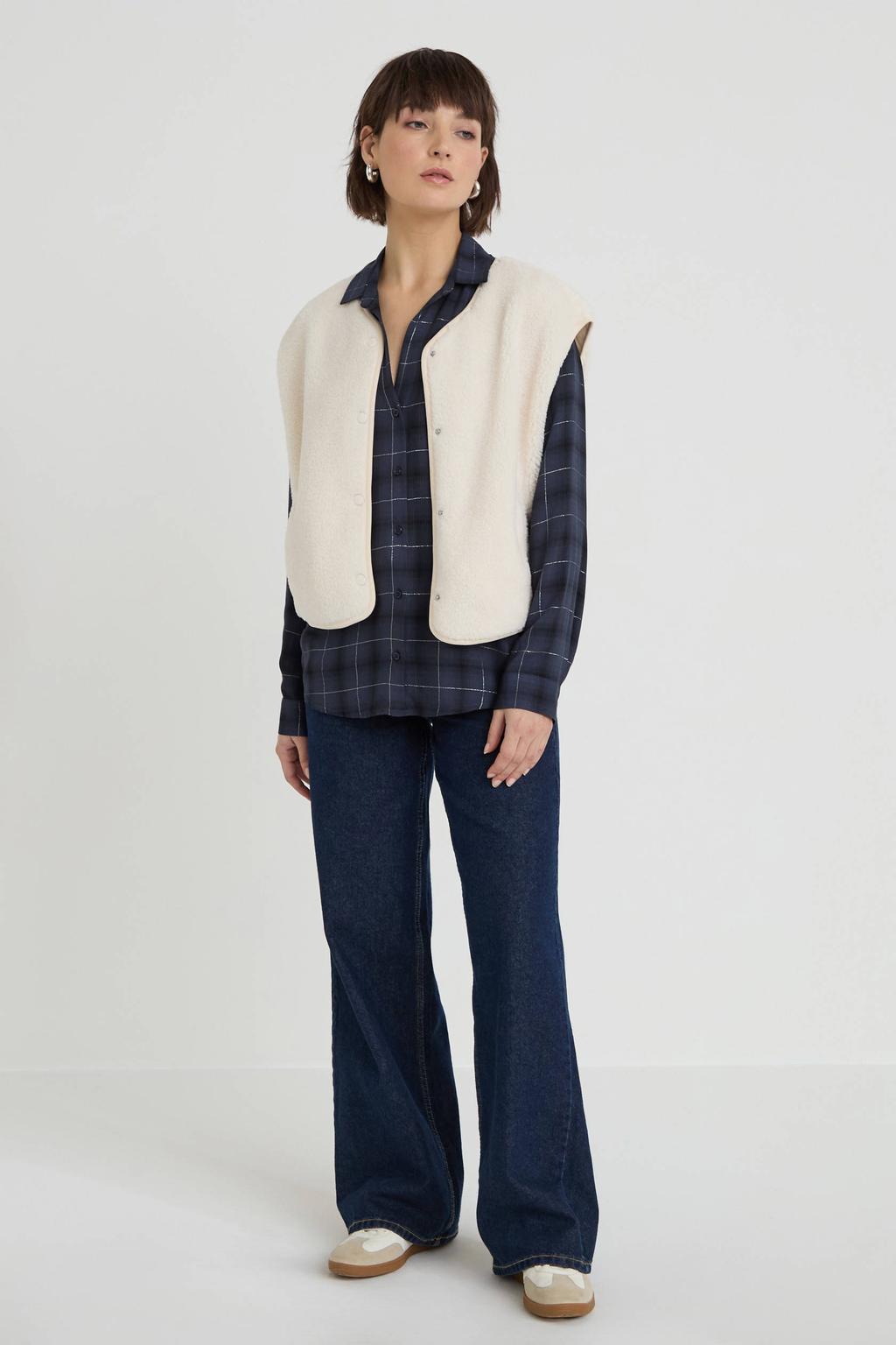 Donkerblauwe dames Cache Cache geruit blouse van viscose met lange mouwen, polo kraag en knoopsluiting