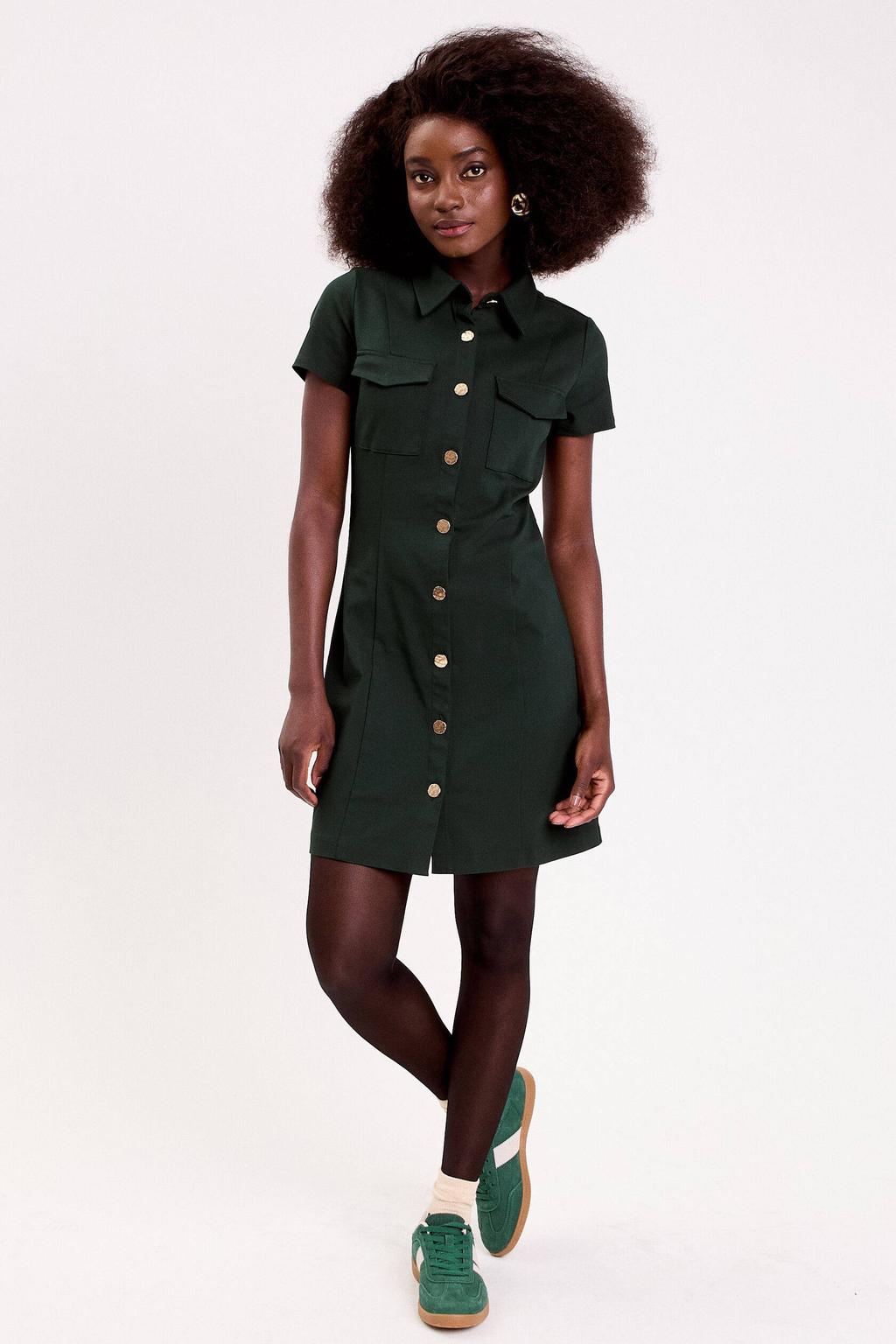 Donkergroene dames Cache Cache jurk van viscose met effen, korte mouwen, col en knoopsluiting