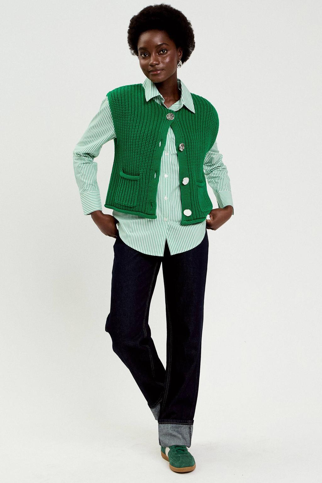 Groene dames Cache Cache gilet van katoen met effen, ronde hals en knoopsluiting