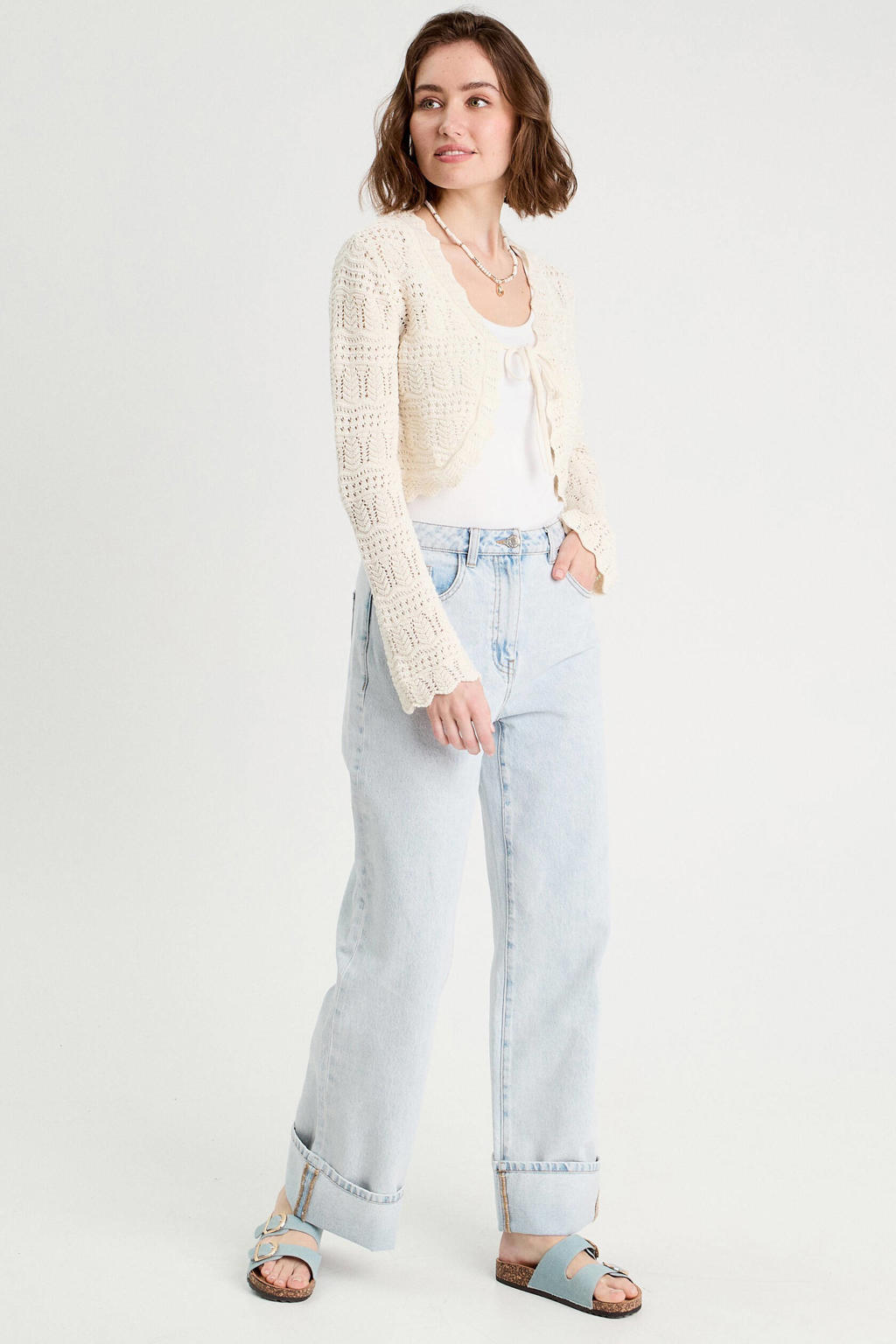 Ecru dames Cache Cache gebreid vest crochet van katoen met effen, lange mouwen en V-hals