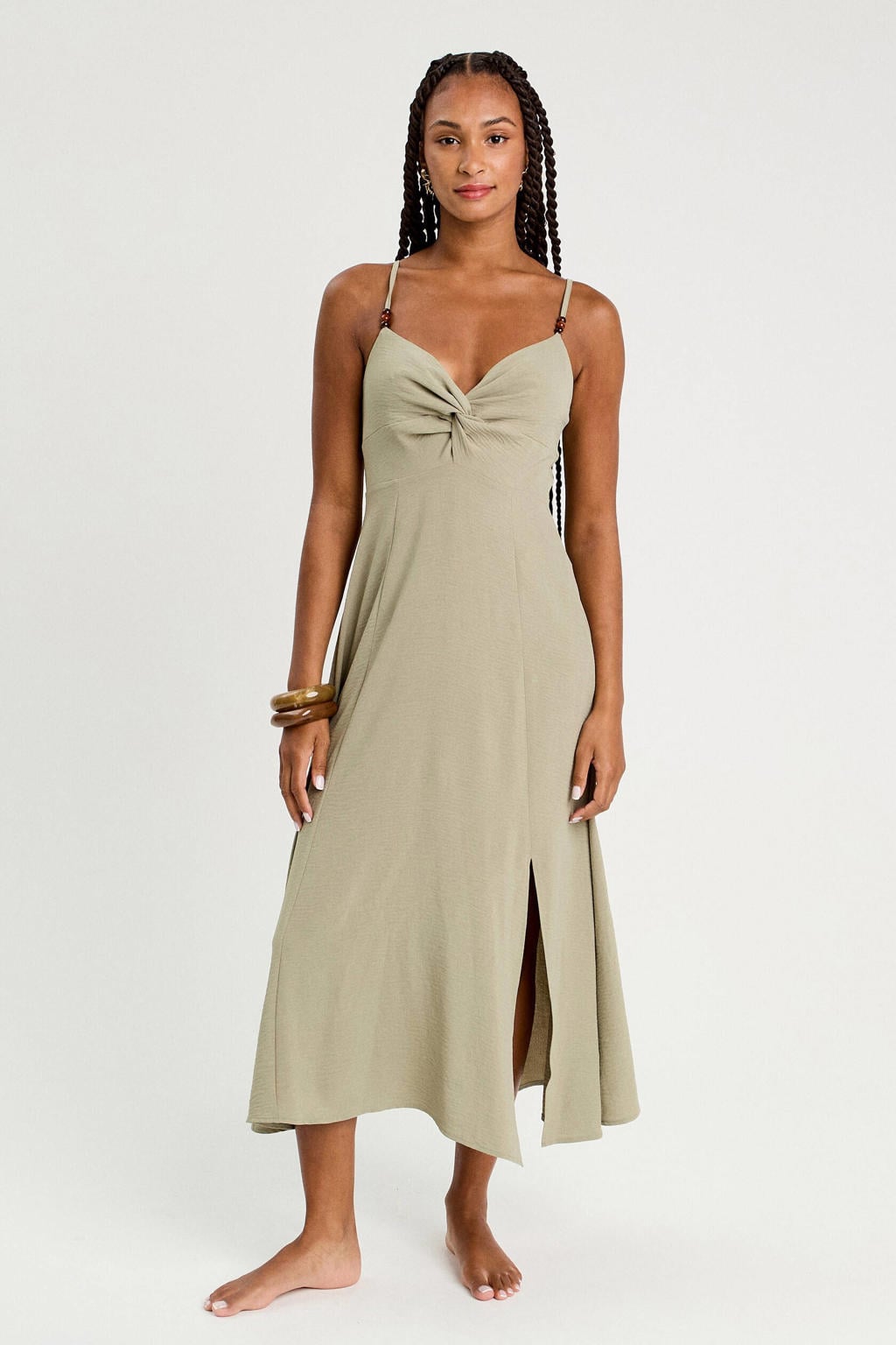 Lichtkaki dames Cache Cache zomerjurk van polyester met effen, spaghettibandjes en V-hals