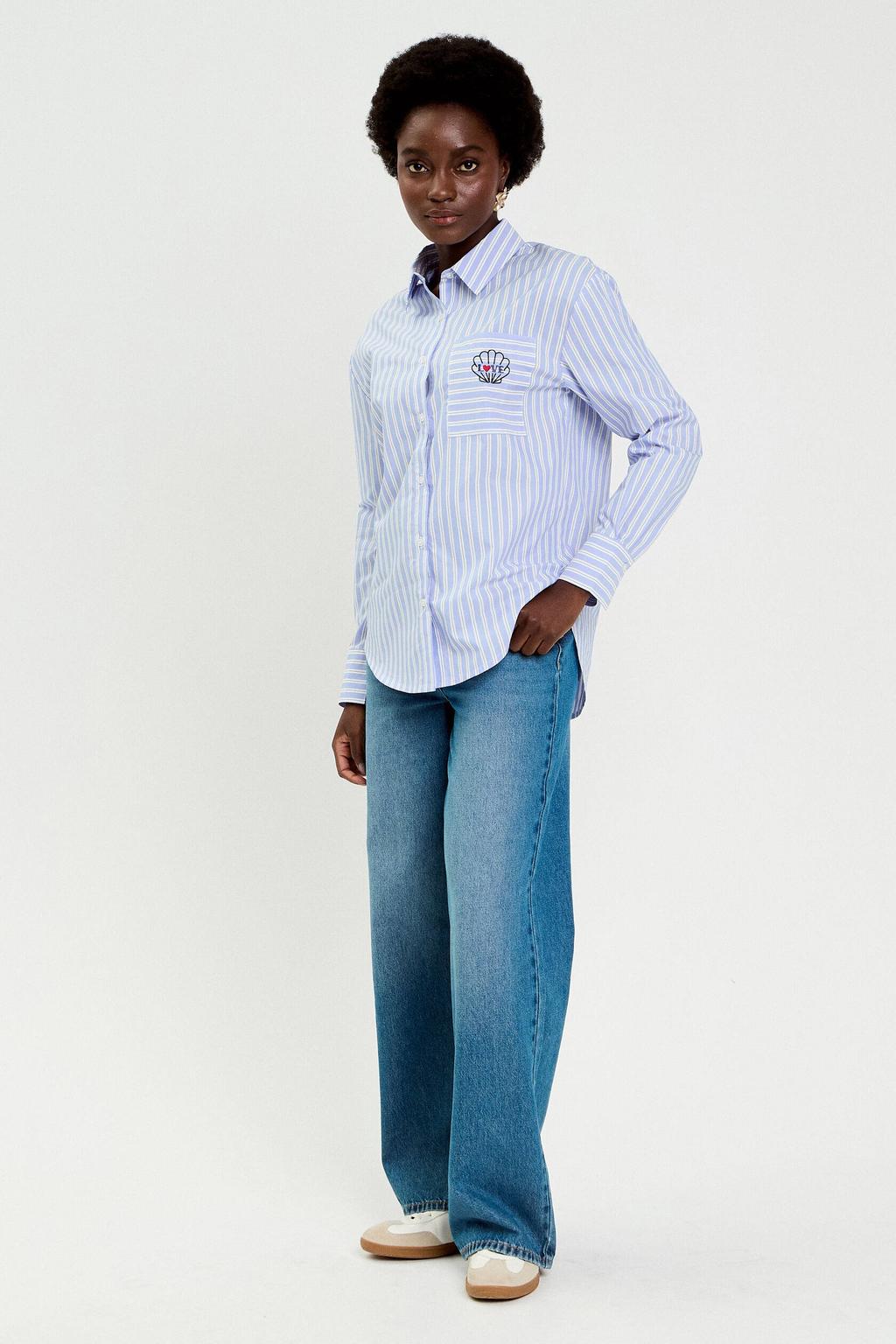 Lichtblauwe dames Cache Cache gestreepte blouse van katoen met lange mouwen, klassieke kraag, knoopsluiting en borduursels