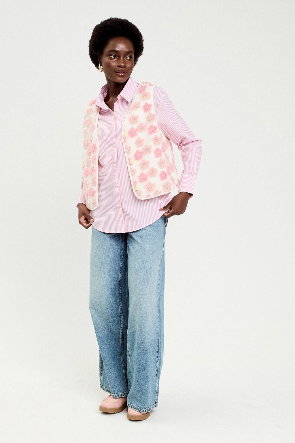 Roze dames Cache Cache gestreepte blouse van katoen met lange mouwen, klassieke kraag, knoopsluiting en borduursels