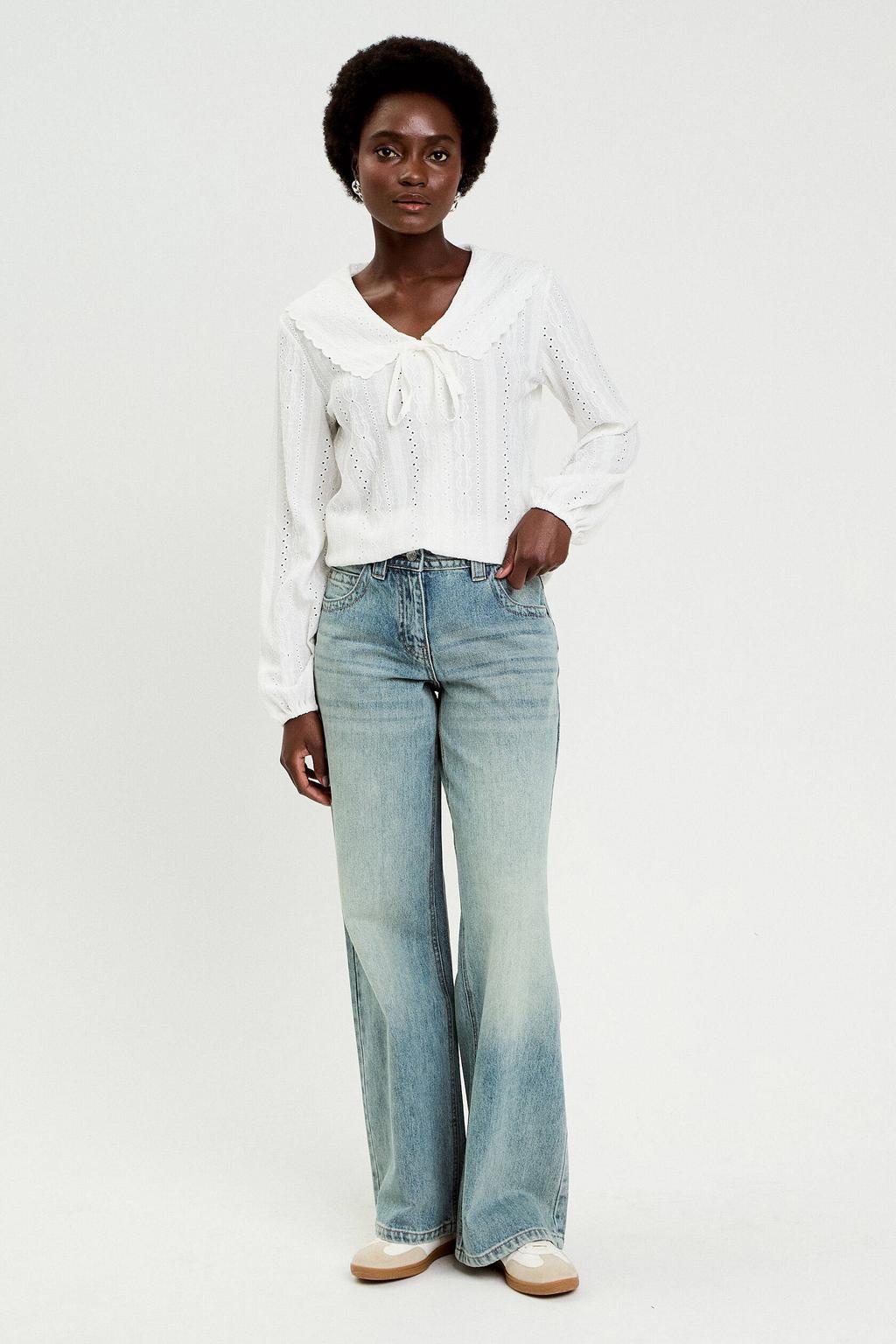Ecru dames Cache Cache top broderie van polyester met effen, lange mouwen en peter pan-kraag