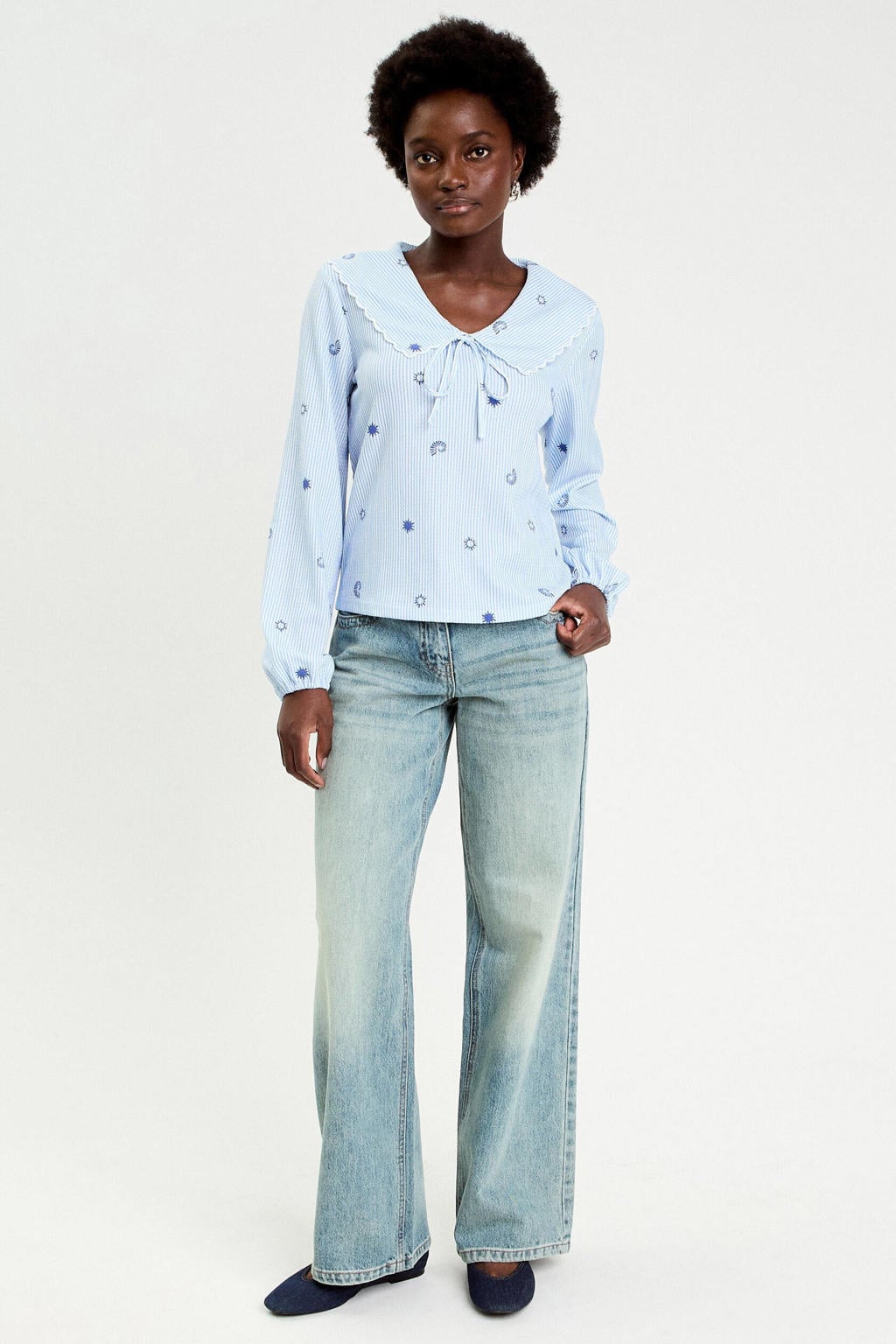Lichtblauwe dames Cache Cache gestreepte top van polyester met lange mouwen en peter pan-kraag