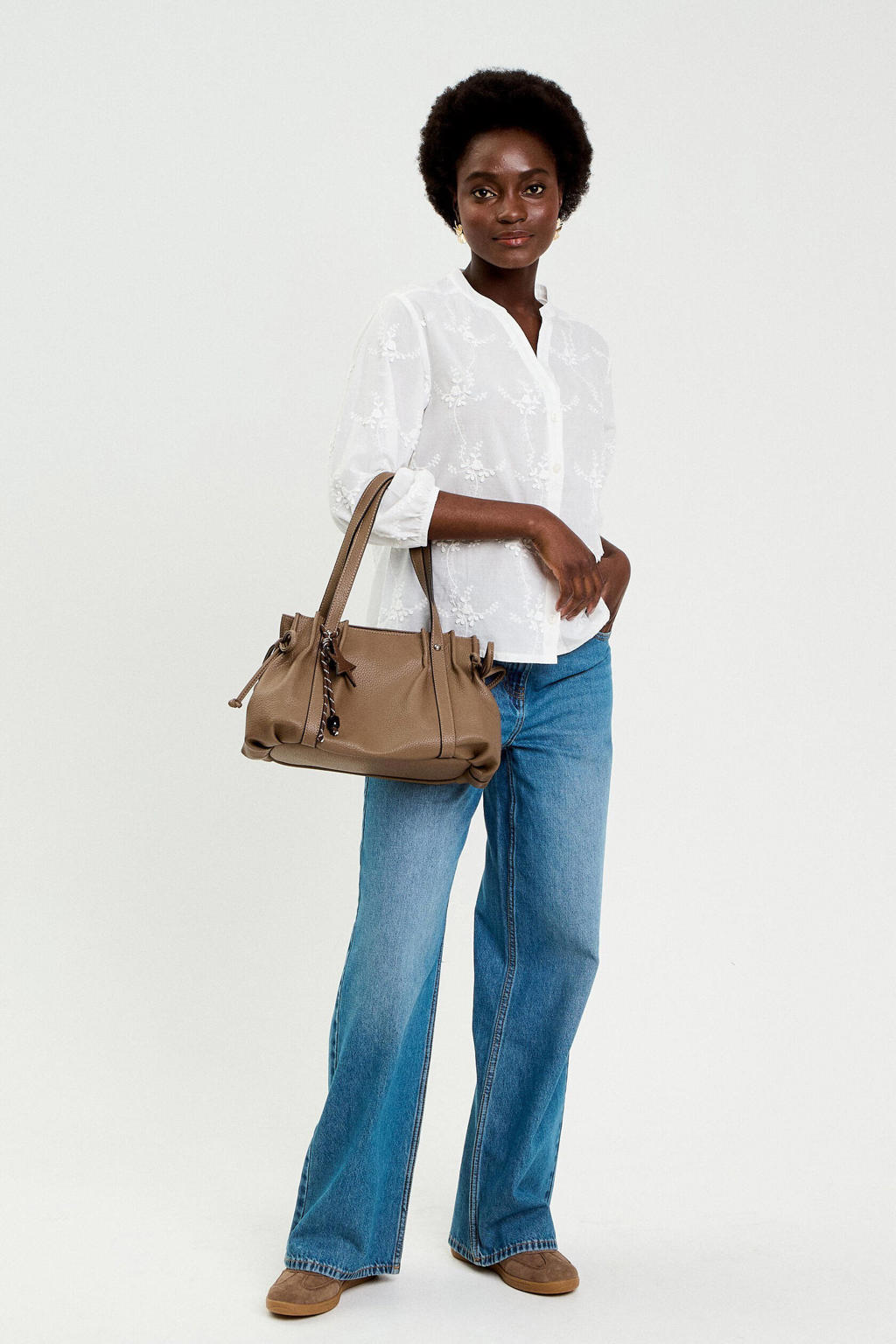 Ecru dames Cache Cache blouse van katoen met effen, half lange mouwen, V-hals, knoopsluiting en borduursels