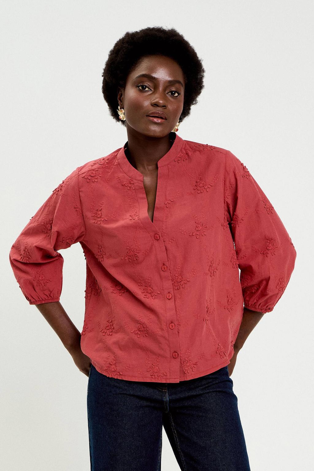 Rode dames Cache Cache blouse van katoen met effen, half lange mouwen, V-hals, knoopsluiting en borduursels