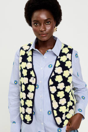 teddy gebloemde gilet marineblauw