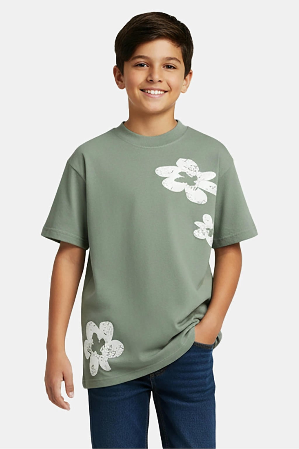 Groene jongens Cars gebloemde T-shirt van katoen met korte mouwen en ronde hals