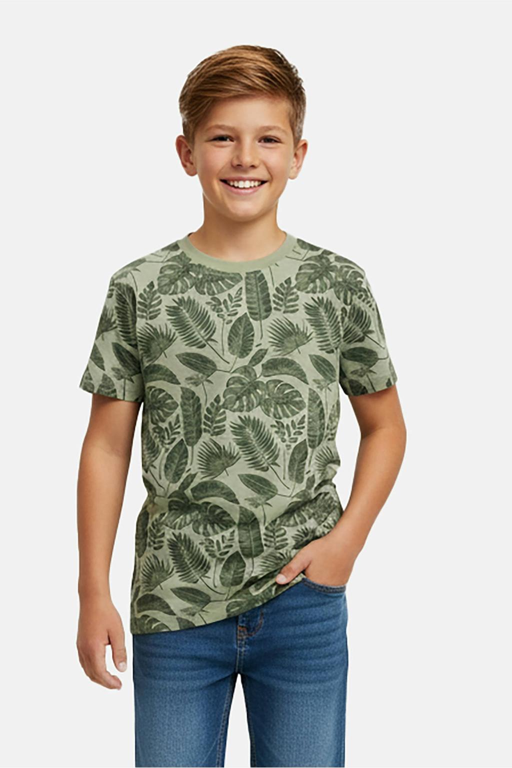 Groen en donkergroene jongens Cars T-shirt van katoen met bladprint, korte mouwen en ronde hals