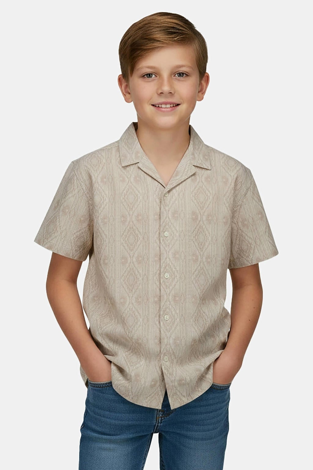 Zandkleurige jongens Cars casual overhemd van katoen met korte mouwen, button down sluiting en knoopsluiting