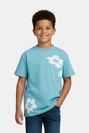 gebloemde T-shirt lichtblauw