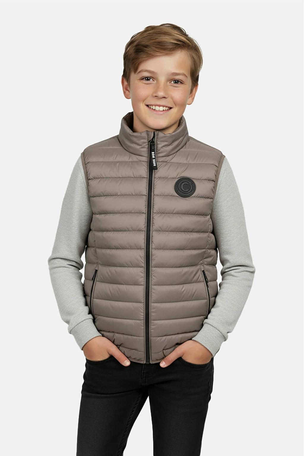 Taupe jongens Cars bodywarmer van polyamide met effen, opstaande kraag, ritssluiting en doorgestikte details