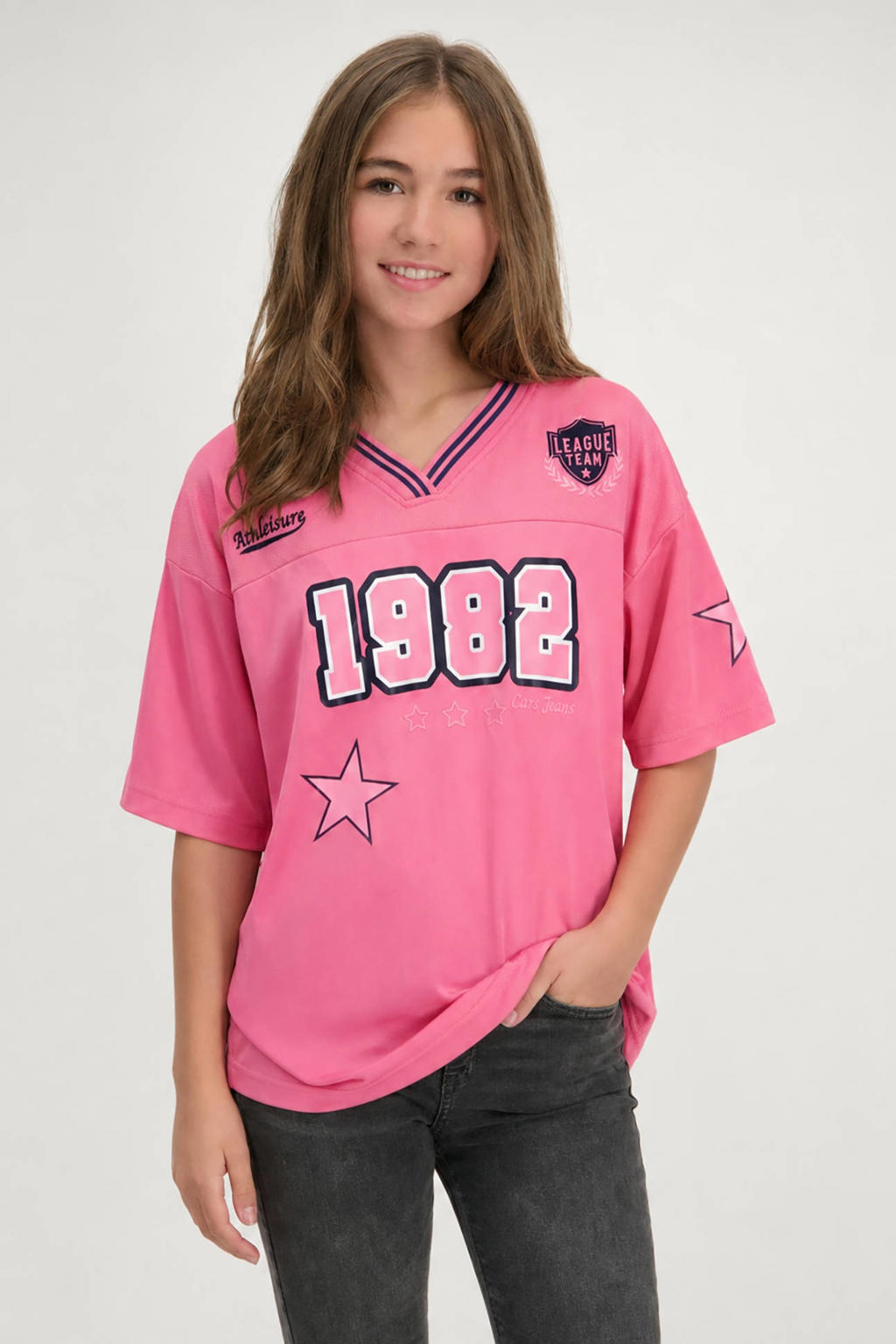 Roze meisjes Cars T-shirt van polyester met backprint, korte mouwen en V-hals
