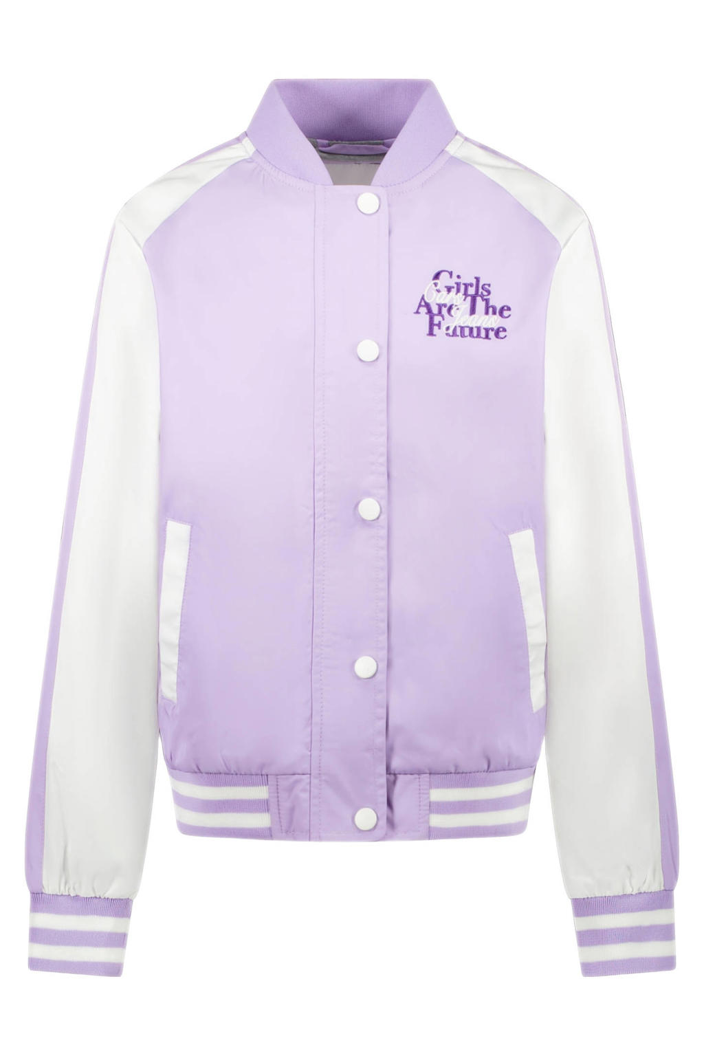 Lila en witte meisjes Cars bomberjack van polyester met meerkleurige print, lange mouwen, opstaande kraag, rits- en drukknoopsluiting en elastische boord
