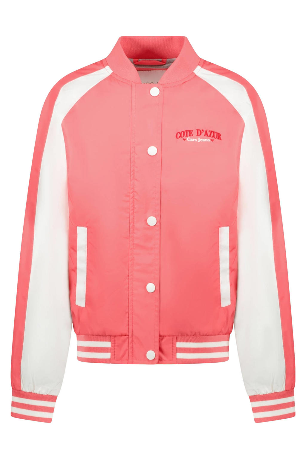Roze en witte meisjes Cars bomberjack van polyester met meerkleurige print, lange mouwen, opstaande kraag, rits- en drukknoopsluiting en elastische boord