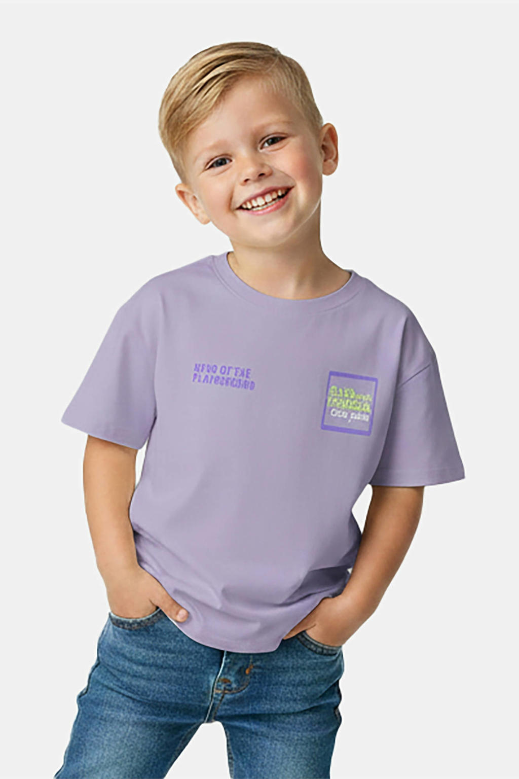 Lilakleurige jongens Little Cars T-shirt van viscose met backprint, korte mouwen en ronde hals