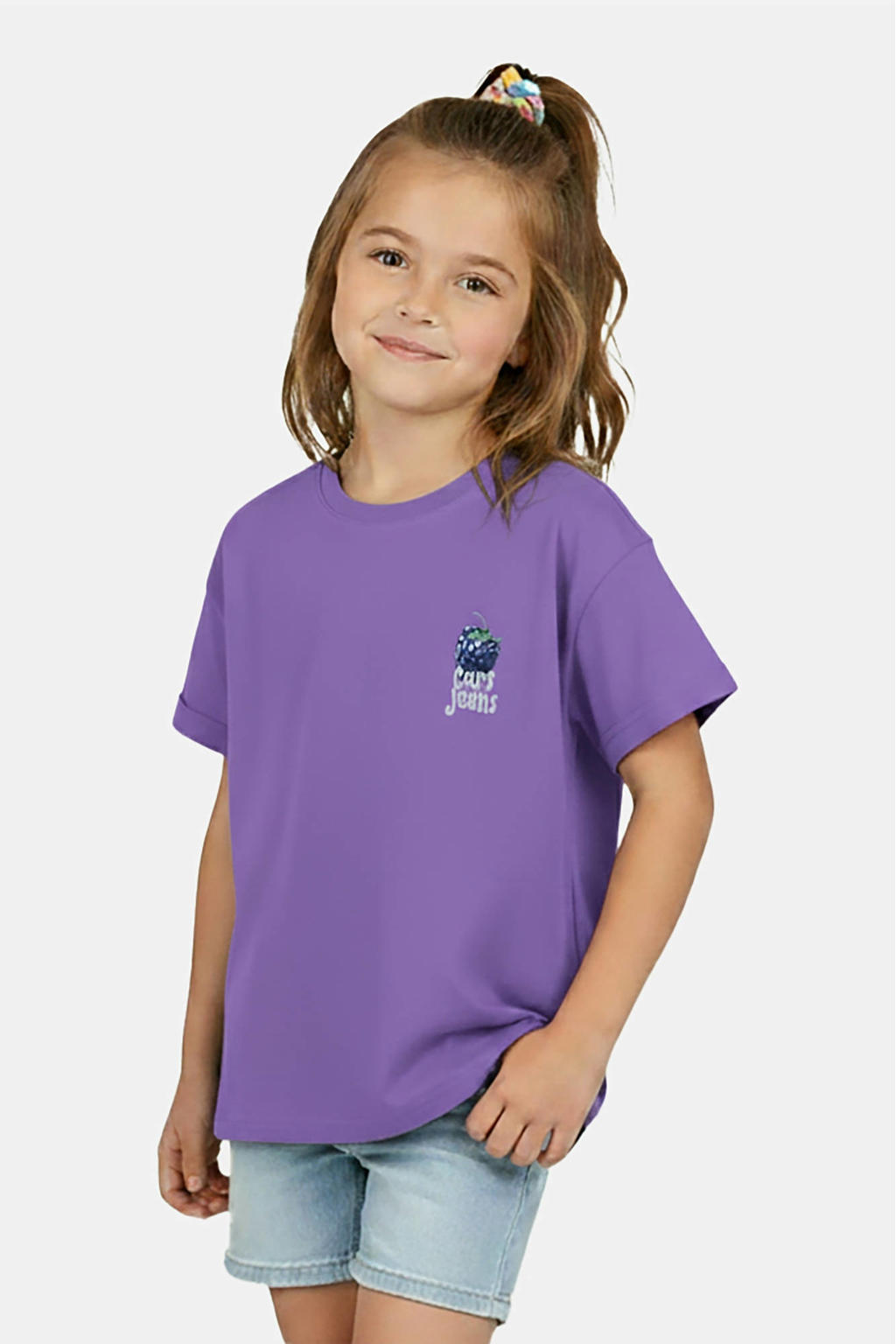 Paarse meisjes Little Cars T-shirt van stretchkatoen met backprint, korte mouwen en ronde hals