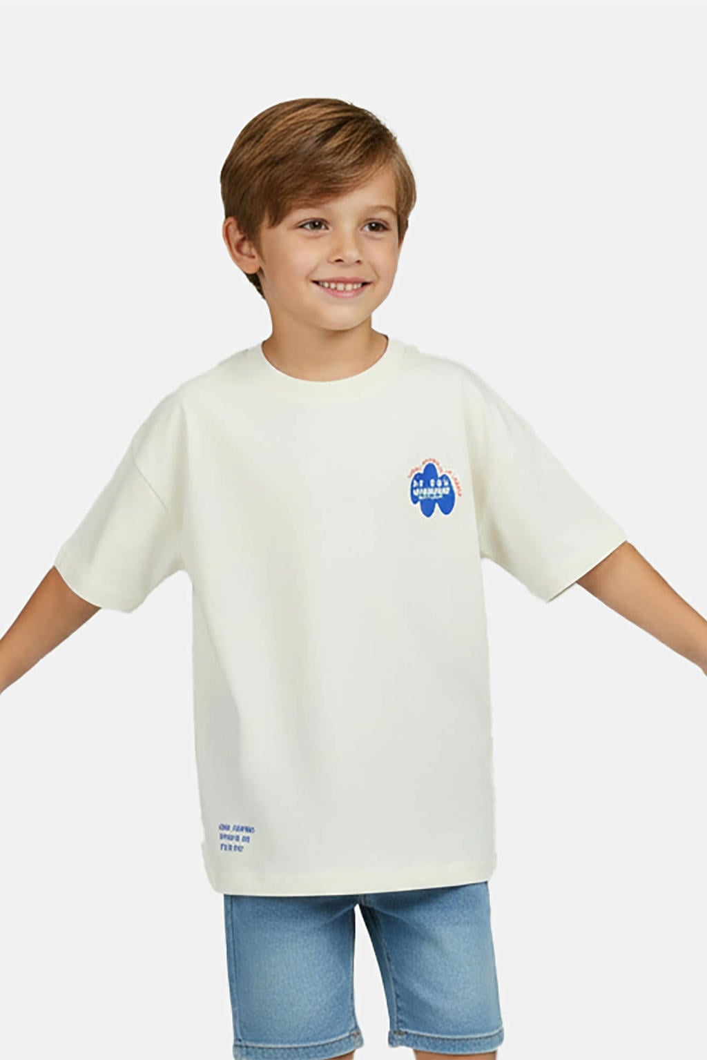 Witte jongens Little Cars T-shirt van viscose met backprint, korte mouwen en ronde hals