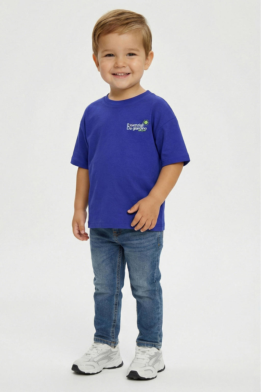 Blauwe jongens Little Cars T-shirt van viscose met backprint, korte mouwen en ronde hals