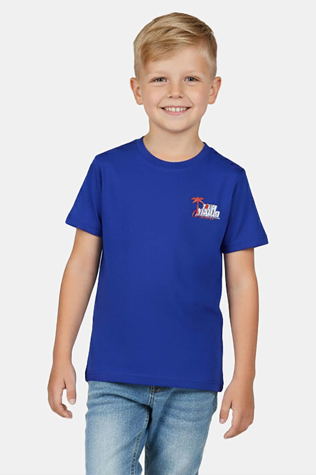 Blauwe jongens Little Cars T-shirt van viscose met printopdruk, korte mouwen en ronde hals