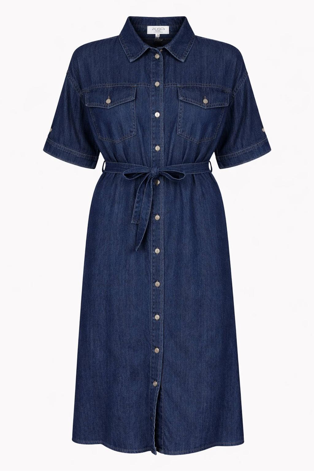 Dark blue denim dames Zoso A-lijn jurk dark blue van viscose met effen, korte mouwen en klassieke kraag