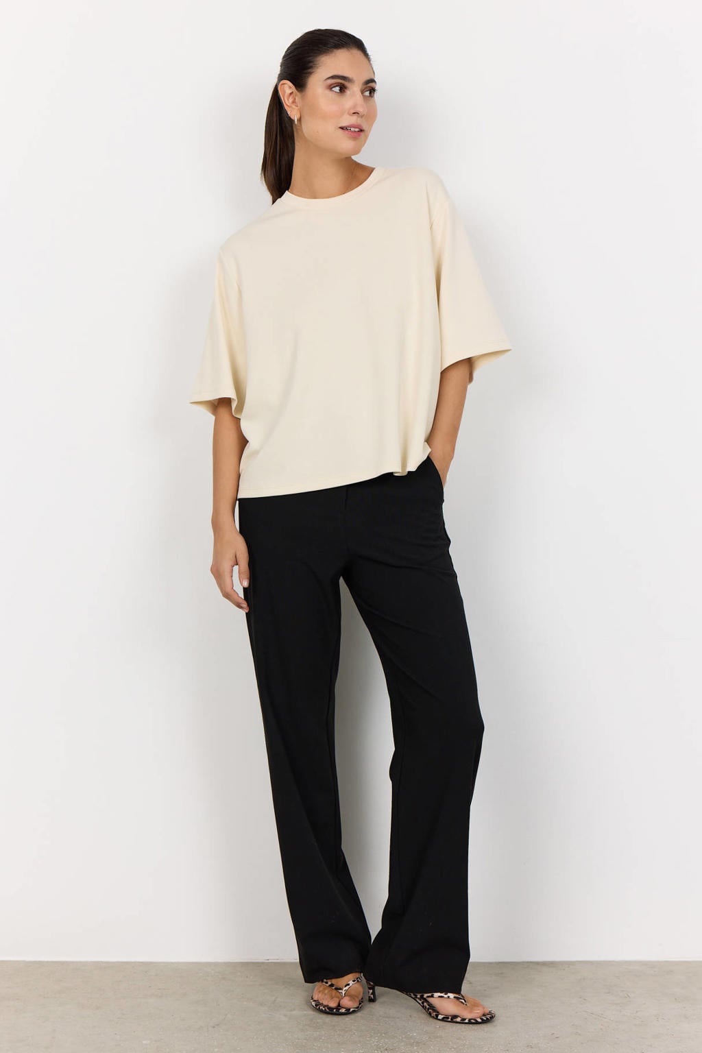 Crème dames Soyaconcept T-shirt van modal met effen, half lange mouwen en ronde hals