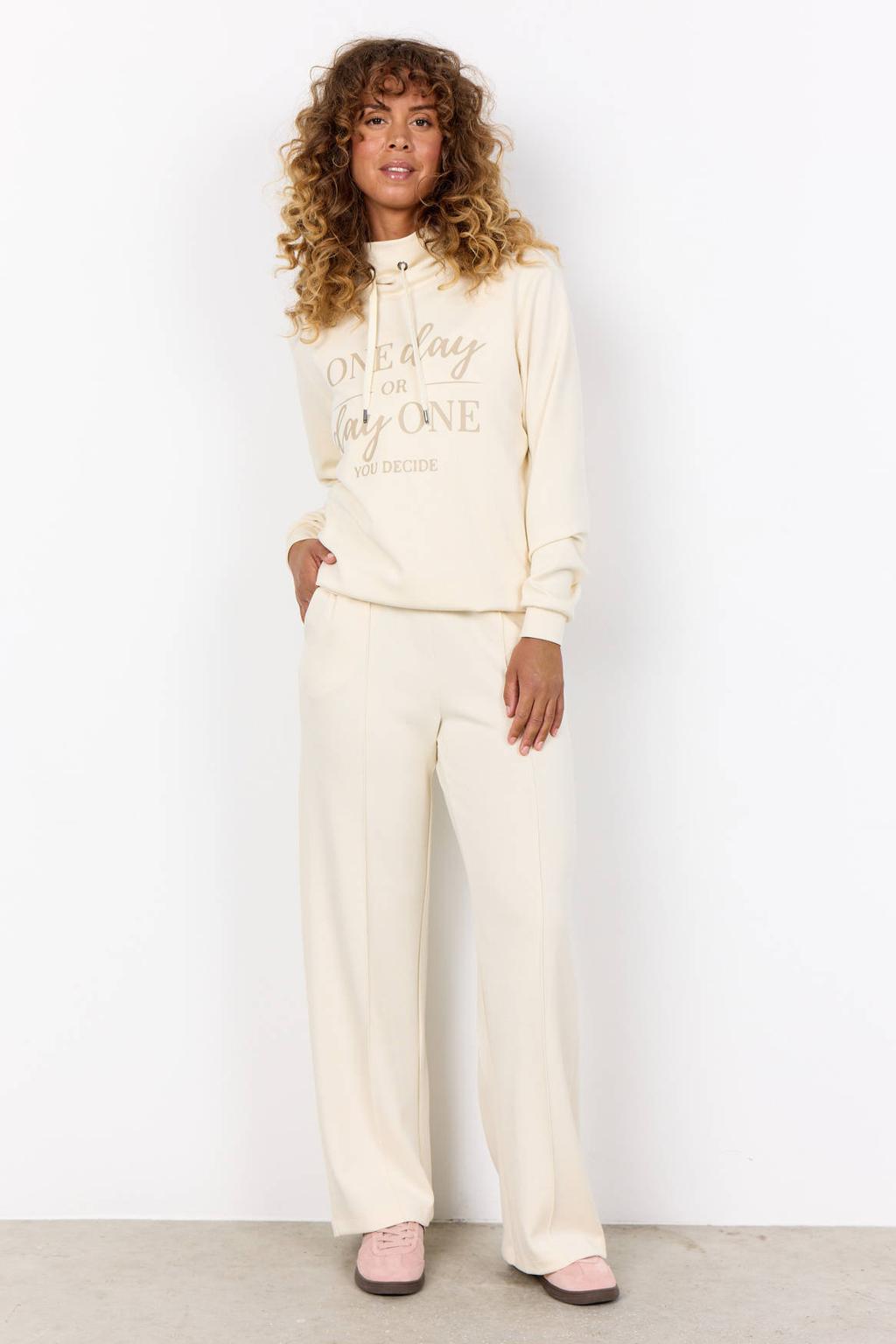 Crème dames Soyaconcept Wide leg high waist casual broek van modal met elastische tailleband met koord en effen