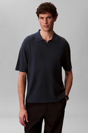 regular polo met linnen donkerblauw gebreid