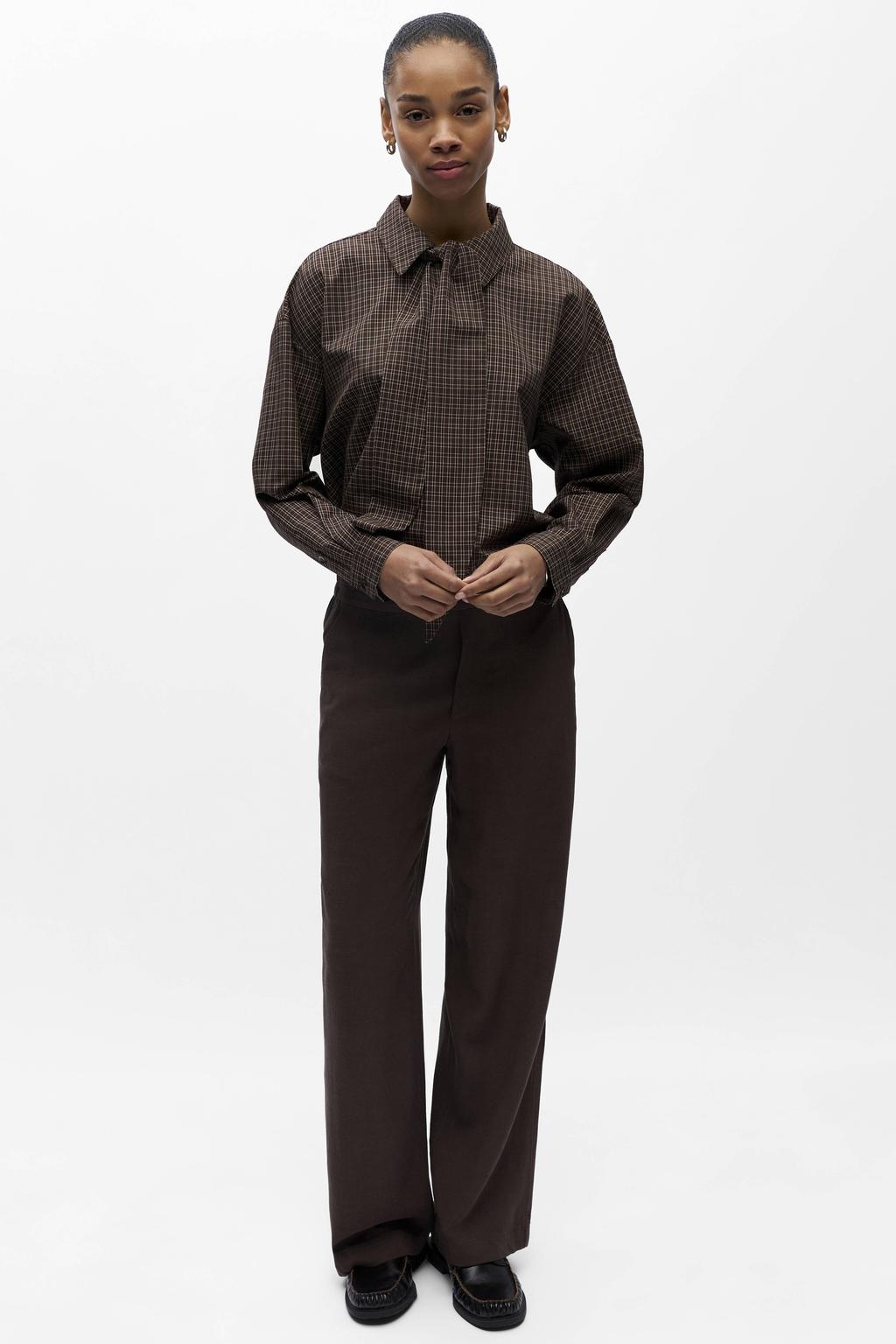 Donkerblauwe dames OBJECT straight regular waist casual broek van linnen met wijde pijpen, elastische tailleband en effen