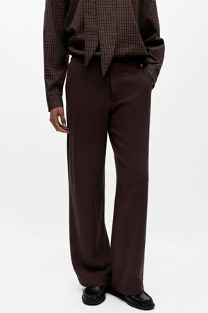 straight regular waist casual broek met linnen donkerbruin