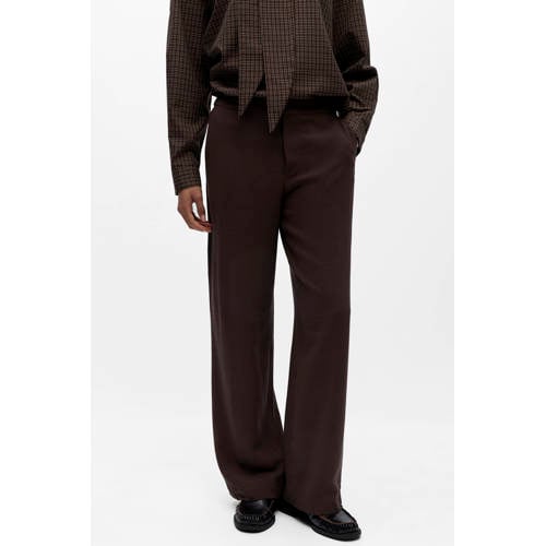 OBJECT straight regular waist casual broek met linnen donkerbruin afbeelding